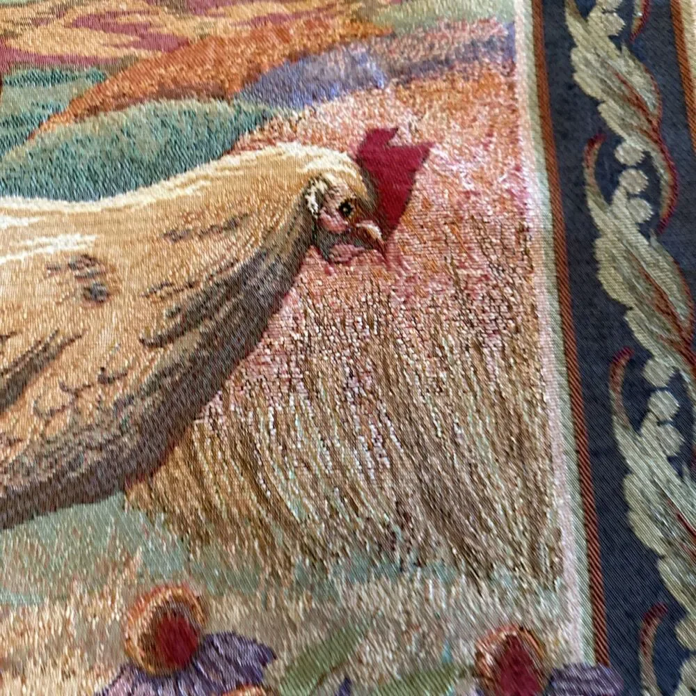 Tapestry w/ Fancy Rod Roosters & Hen French Country Wall Hanging Farmhouse